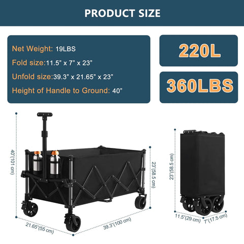 Extra Large Collapsible Wagon Cart With 220L Capacity And 360 Pounds Load All Terrain Wheels With Brakes shown folded and unfolded