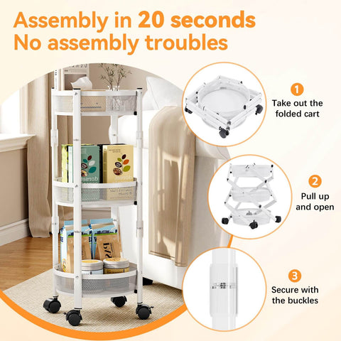 Foldable Three Tier Rolling Cart With Wheels No Assembly Metal Utility Cart for kitchen shown open with mesh baskets