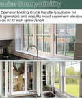 Multiple views of white casement windows using foldable window crank handle for 11/32 inch casement and awning operators.