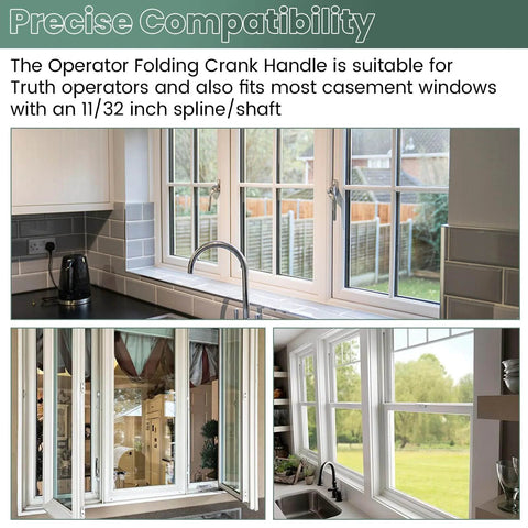 Multiple views of white casement windows using foldable window crank handle for 11/32 inch casement and awning operators.