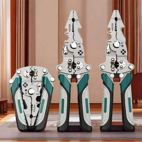 Foldable Automatic Wire Stripper And Cutter With 18 In 1 Wire Crimping Tool on wooden table