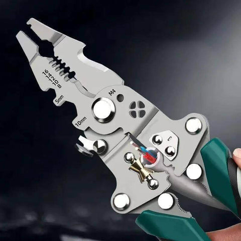 Close-up of Foldable Automatic Wire Stripper and Cutter with 18 in 1 Wire Crimping Tool, showing metal blades cutting wire