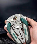 Hand holding Foldable Automatic Wire Stripper And Cutter with 18 in 1 Wire Crimping Tool, compact multifunction electrical tool.