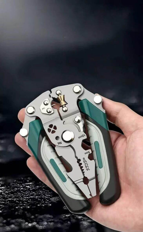 Hand holding Foldable Automatic Wire Stripper And Cutter with 18 in 1 Wire Crimping Tool, compact multifunction electrical tool.