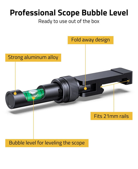 Foldable scope leveling kit with aluminum alloy for 21mm rails, featuring a bubble level and fold-away design.