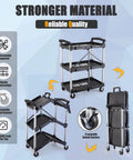 Portable Folding Service Cart With Three Tiers 330 Lb Capacity Workhorse Rolling Utility Cart On Wheels displayed in folded and open positions