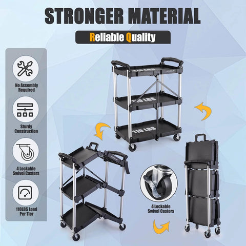 Portable Folding Service Cart With Three Tiers 330 Lb Capacity Workhorse Rolling Utility Cart On Wheels displayed in folded and open positions