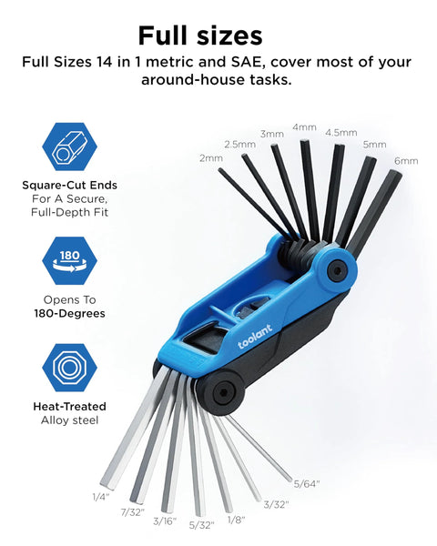 Folding Allen Wrench Set 14 Piece With Metric And SAE Sizes 2mm To 6mm And 5/64 Inch To 1/4 Inch For Home DIY And Bicycle Maintenance And Repairs