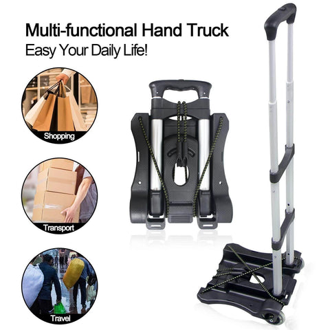 Folding Hand Truck and Dolly 110-lbs Lightweight Portable Luggage Cart for School Travel Office Moving (Black) shown folded and unfolded