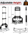 Folding aluminum hand truck cart 180 lb capacity portable travel dolly shown from different angles with adjustable handle