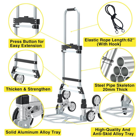 260 LBS Stair Climbing Cart, Aluminum Trolley Dolly with Elastic Rope, Steel Pipe Skeleton, and Anti-Skid Alloy Tray