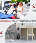 folding aluminum hand truck cart 180 lb capacity portable travel dolly shown storing easily in a car and home