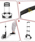 Collage of folding aluminum hand truck cart 180 lb capacity portable travel dolly showing handle, button, and folding mechanism