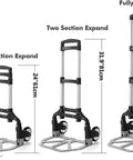 Folding aluminum hand truck cart 180 lb capacity portable travel dolly shown in three expansion stages with dimensions.