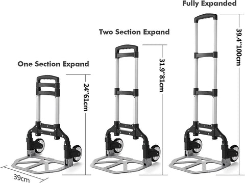 Folding aluminum hand truck cart 180 lb capacity portable travel dolly shown in three expansion stages with dimensions.