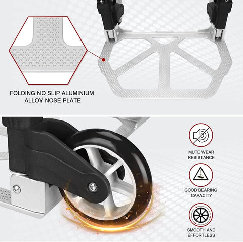 Close-up of folding aluminum hand truck cart with 180 lb capacity showing no-slip nose plate and durable wheels