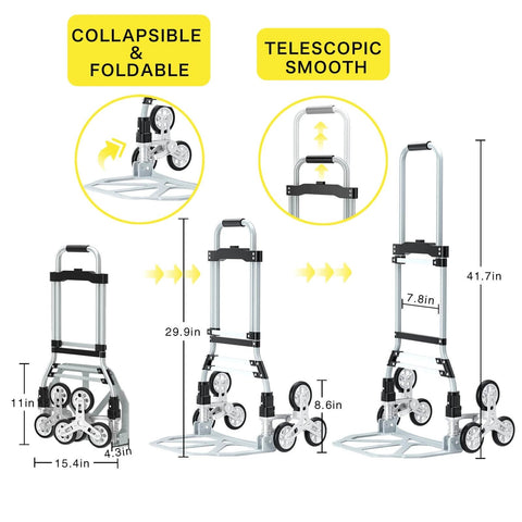 260 LBS Stair Climbing Cart with telescoping handle and rubber wheels, folding hand truck dolly shown in various collapsible positions.