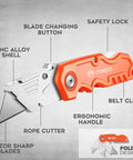 4 Pack Heavy Duty Folding Box Cutter Set With Razor Sharp Blades And Comfortable Handle Includes Ten Extra Blades For Cutting Drywall Sheet Plastic Linoleum Boxes And Rope Ideal For Maintenance Pros And DIY Projects In Garages, showing orange ergonomic handle with features labeled.