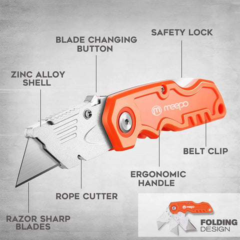 4 Pack Heavy Duty Folding Box Cutter Set With Razor Sharp Blades And Comfortable Handle Includes Ten Extra Blades For Cutting Drywall Sheet Plastic Linoleum Boxes And Rope Ideal For Maintenance Pros And DIY Projects In Garages, showing orange ergonomic handle with features labeled.
