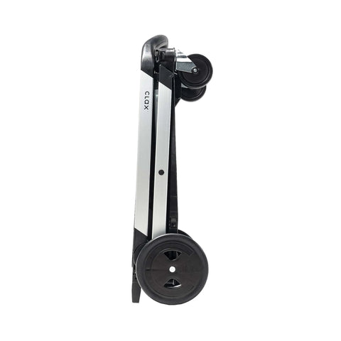 Side view of Original German Made Collapsible Cart With Storage Crate Multiuse Folding Trolley, aluminum frame, poly box, black