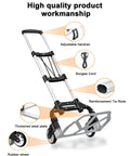 Folding Hand Truck with adjustable handrail, bungee cord, and rubber wheels. Lightweight aluminum luggage cart for moving utility.