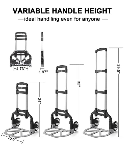 Folding Hand Truck, Dolly Cart with Wheels Foldable, showing variable handle height from 24 to 39.5 inches, lightweight aluminum frame