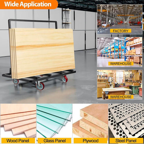 Folding Drywall Dolly With 5 Inch Swivel Casters 2000 Lbs Load Capacity Portable Panel Cart in use, handling plywood in a warehouse.