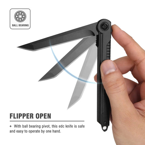 Person opening EDC Pocket Knife With 7CR13Mov Steel Tanto Blade Slim Survival Knife With Clip And Liner Lock Window Breaker