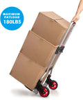 Person uses Dolly Cart Folding Hand Truck and Dolly,Steel Portable Cart with Telescoping Handle and Nylon+Rubber Wheels 180 lbs Capacity to move boxes.
