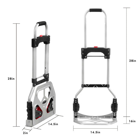 Front and side view of Dolly Cart Folding Hand Truck and Dolly, Steel Portable Cart with Telescoping Handle and Nylon+Rubber Wheels 180 lbs Capacity.