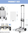 Dimensions and features of 270LBS Utility Luggage Cart with 4 Wheels, 100% Aluminum Hand Truck Dolly, shown folded and extended.
