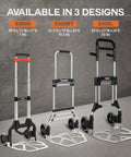 Three models of Vergo folding hand truck dolly, including 275 Ibs Capacity Folding Hand Truck Dolly – Lightweight Aluminum Frame Dolly Cart with 42" Telescoping Handle, Compact Hand Cart with 7” Rubber Wheels (S300BT).
