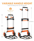 Dolly Cart, 309 lb Aluminum Folding Hand Truck with Swivel Handle shown at variable height setting, 7 inch wheels, and elastic cord.
