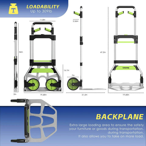 Folding Hand Truck and Dolly,309 lb Capacity Aluminum Portable Cart with Telescoping Handle and PP+EVA Wheels, various views