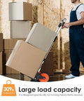 Man using 309 lb Aluminum Folding Hand Truck with Swivel Handle to move boxes, featuring 7-inch wheels for warehousing and shopping.