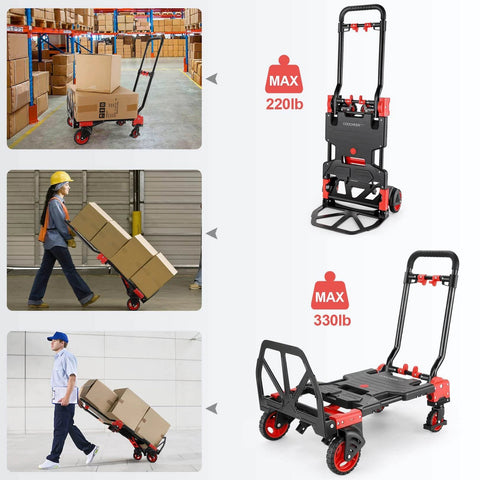330LB Folding Hand Truck Heavy Duty Carrying, Combination of Four Wheels and Two Wheels Convertible Dolly Cart in use, showing capacity