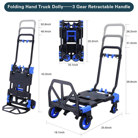 2-in-1 Hand Truck Dolly Foldable,330LB Capacity Hand Dolly, Folding Hand Cart with Retractable Handle, Hand Truck Foldable with 4 Wheels