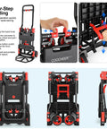 Four-step folding process of 330LB Folding Hand Truck Heavy Duty Carrying, showing adjustments for four-wheel and two-wheel setup.