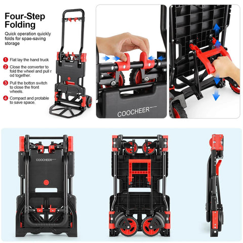 Four-step folding process of 330LB Folding Hand Truck Heavy Duty Carrying, showing adjustments for four-wheel and two-wheel setup.