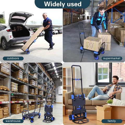 2-in-1 Hand Truck Dolly Foldable,330LB Capacity Hand Dolly in use for outdoor, supermarket, warehouse, and family settings.