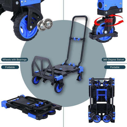 Illustration of 2-in-1 Hand Truck Dolly Foldable,330LB Capacity Hand Dolly featuring foldable design, retractable handle, and 4 wheels.