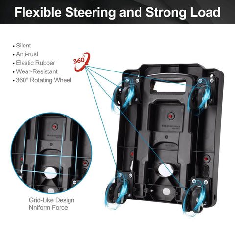 Back view of black folding hand truck dolly with 4 rotate wheels, highlighting lightweight design for moving and adjustable handle