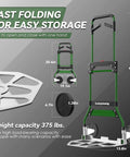 Upgraded Folding Hand Truck Dolly Cart Heavy-Duty 375lb, green aluminum design for indoor and outdoor use, side view with specs