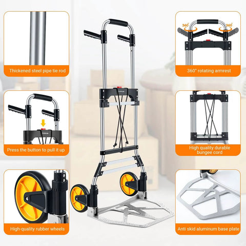 Diagram of 380 LB Capacity Folding Hand Truck Heavy Duty Foldable Dolly Cart with Wheels, featuring aluminum frame and telescoping handle.