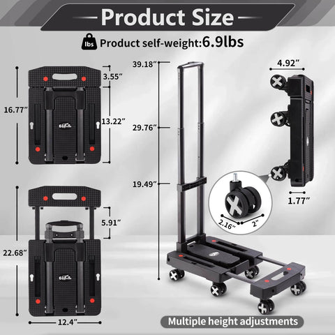 Folding Hand Truck Lightweight Hand Truck Dolly Foldable, Luggage cart with 6 Rotate Wheels and adjustable handle dimensions shown