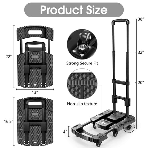 Folding Hand Truck 500lb Capacity With 6 Wheels Collapsible Luggage Cart And Elastic Ropes Portable Dolly, size dimensions displayed