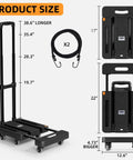 Folding heavy duty hand truck 500 lb luggage cart with 6 wheels and straps, showing measurements and elastic ropes