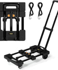 Folding Hand Truck 500 LB, Portable Heavy Duty Dolly Cart with 4 Wheels, extendable plate, and elastic straps for travel and moving.