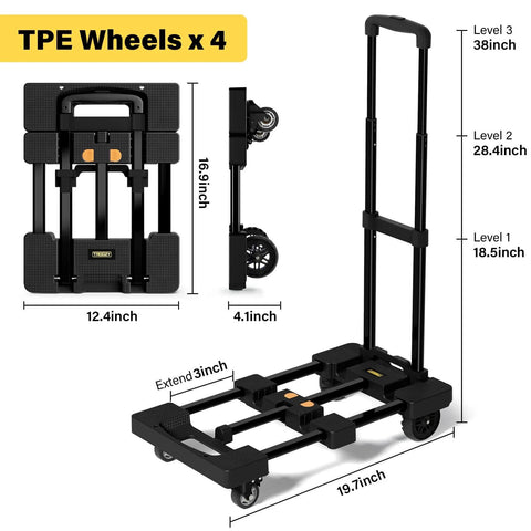 Folding Hand Truck 500 LB, Portable Heavy Duty Dolly Cart with 4 Wheels, including 2 with brake, and 26-inch extendable plate