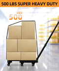 Side view of folding heavy duty hand truck 500 lb luggage cart with 6 wheels and stacked boxes in a warehouse